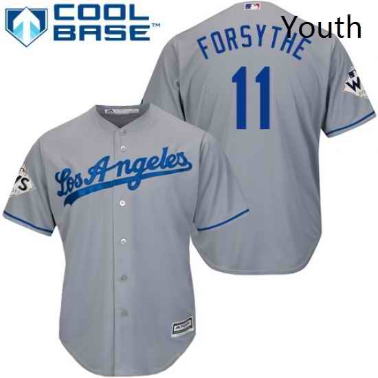 Youth Majestic Los Angeles Dodgers 11 Logan Forsythe Replica Grey Road 2017 World Series Bound Cool Base MLB Jersey
